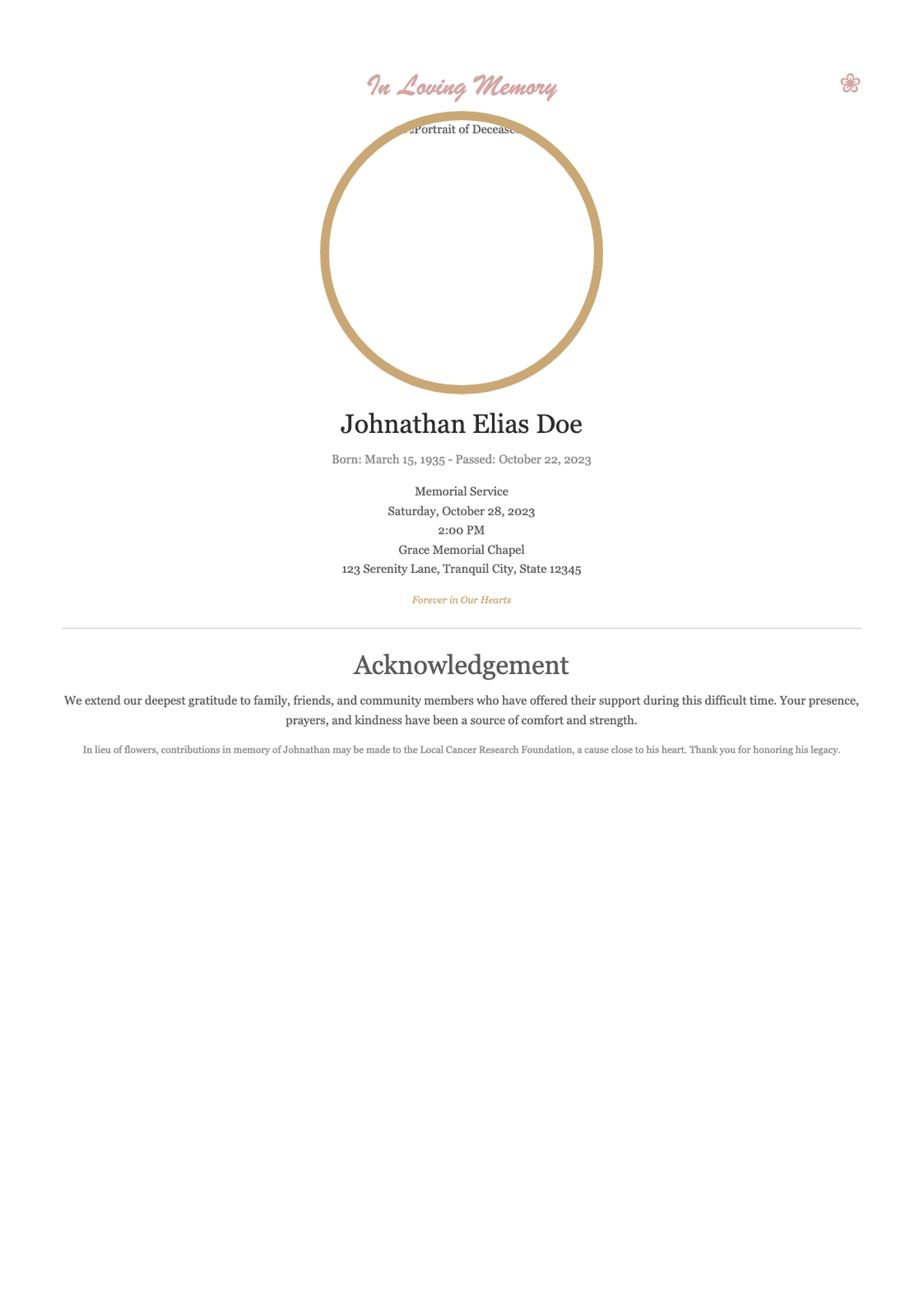 In Loving Memory funeral program with floral design and personal acknowledgment section_variant_1